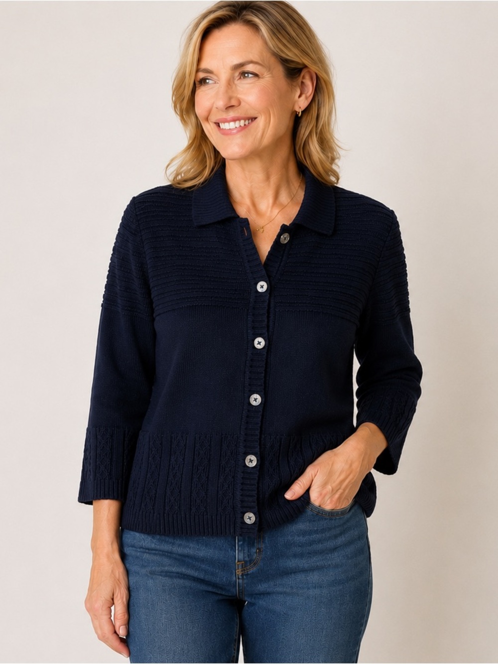 St. John Navy Knit Cardigan Sweater Collared Button Front 3/4 Sleeve Size XL
